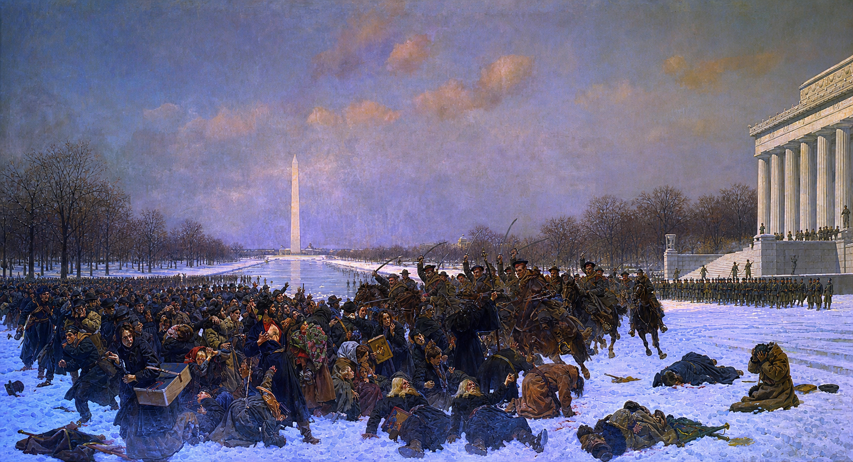 Alternate-history painting of soldiers charging a crowd beside the Lincoln Memorial Reflecting Pool in 1905