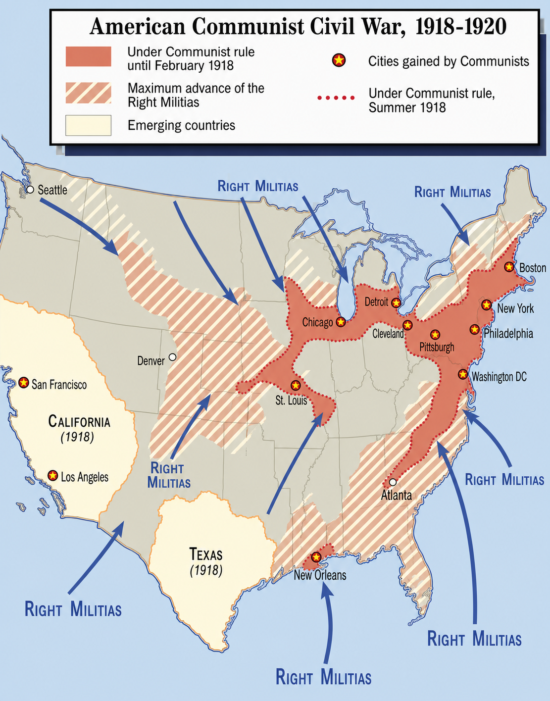 Alternate-history map of the American Communist Civil War, with Right Militia advances shown in blue
