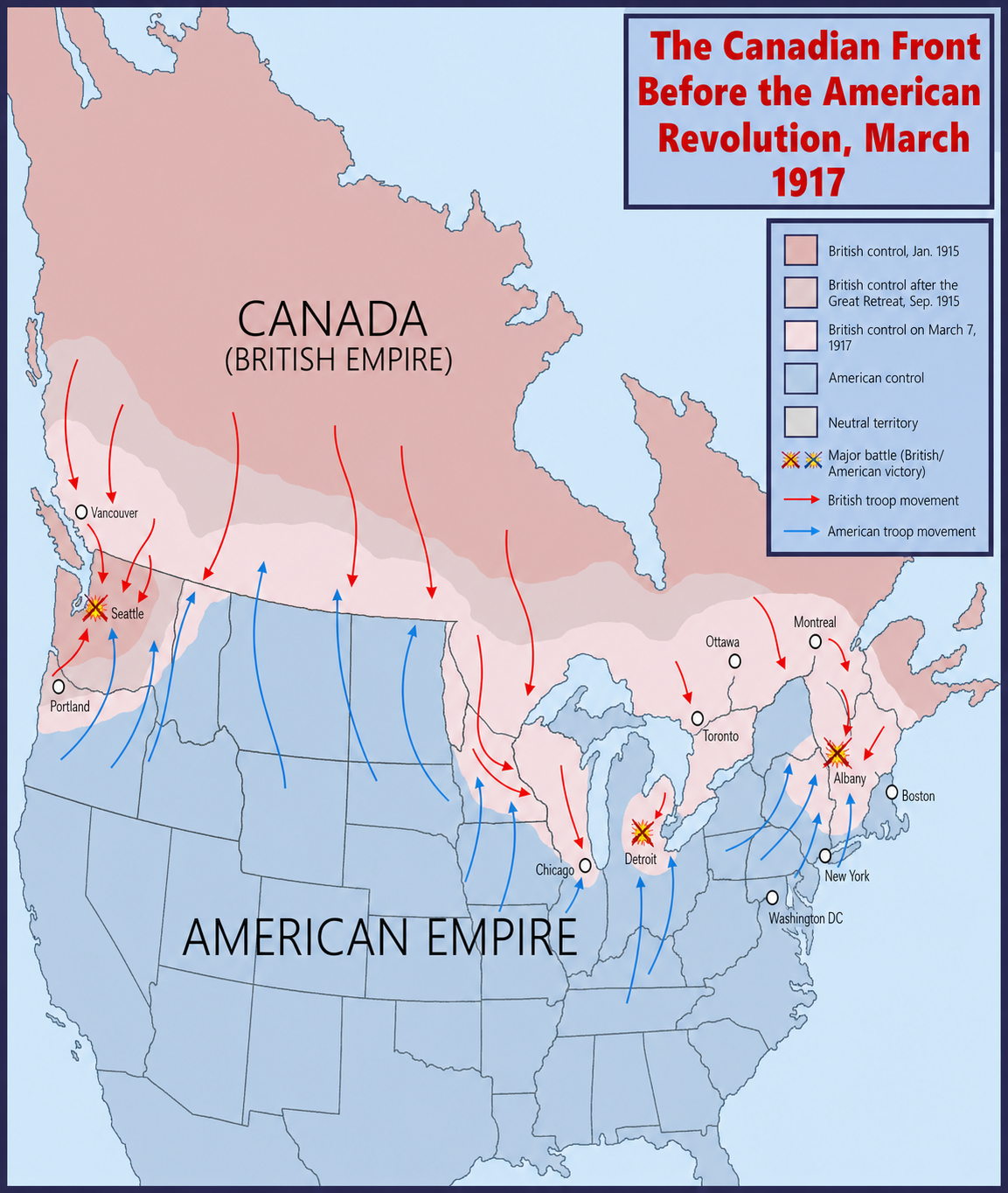 Alternate-history map of British territorial gains on the Canadian Front before the American Revolution in March 1917