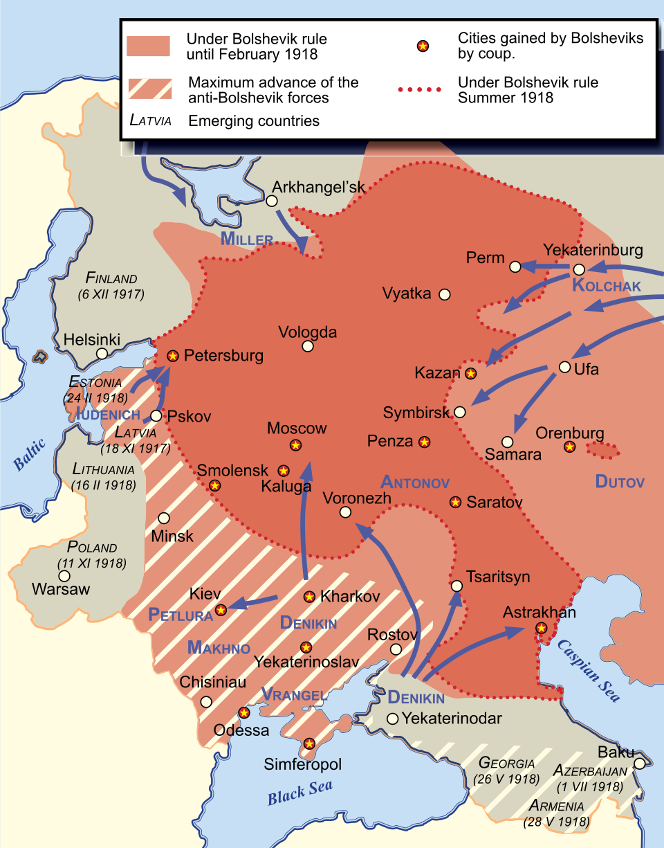 Map of the European theatre of the Russian Civil War, with White advances shown in blue
