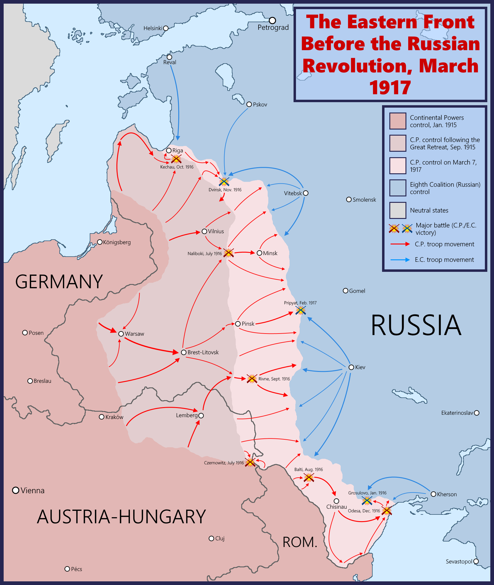 Map of the Eastern Front and Russian territorial losses before the Russian Revolution in March 1917